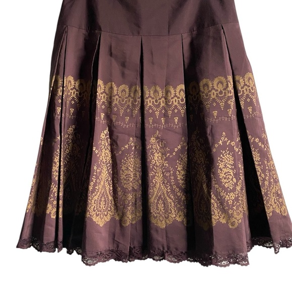 Anthropologie Odille Silk Blend Drop Waist Lace Trim Brown Gold Mod Midi Skirt 2 - Picture 2 of 13